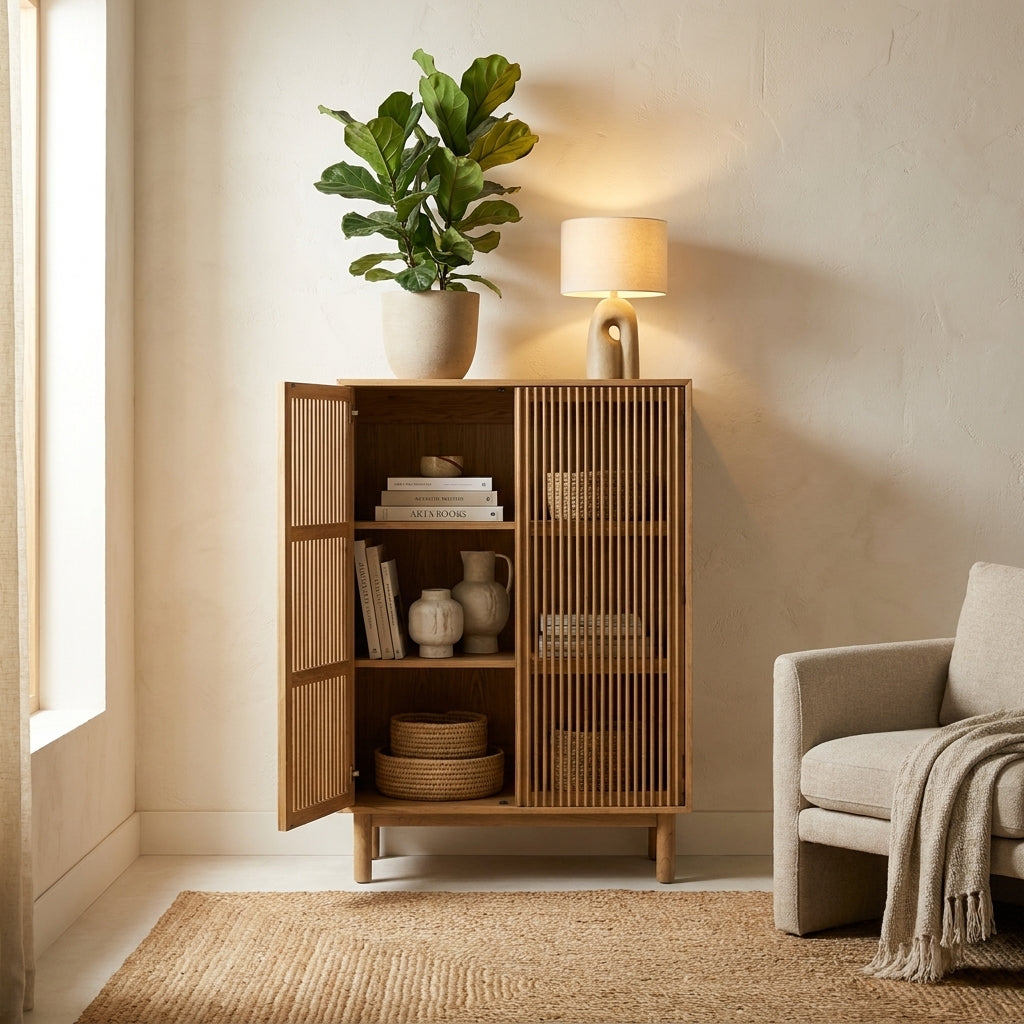 Tall wooden cabinet with slatted doors and modern design.
