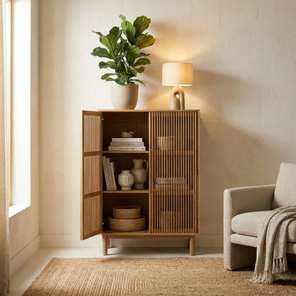 Tall wooden cabinet with slatted doors and modern design.