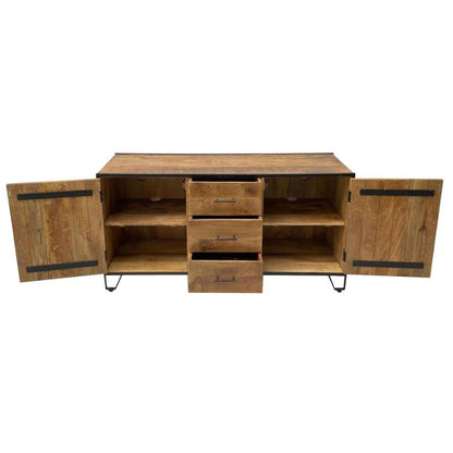 Wooden sideboard with open doors and three central drawers.