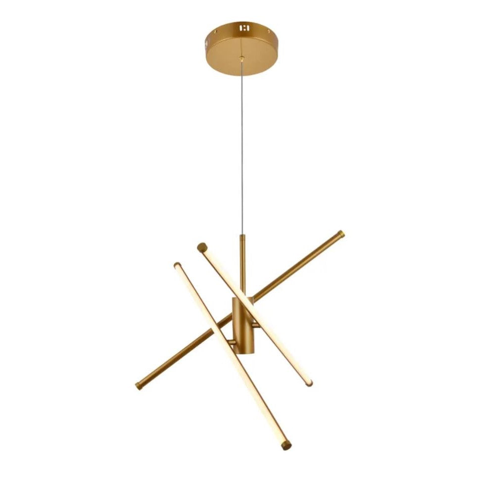 Modern gold chandelier with intersecting rods.