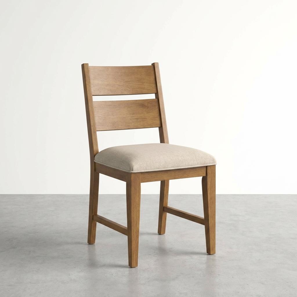 Wooden chair with beige cushion, simple and elegant design.