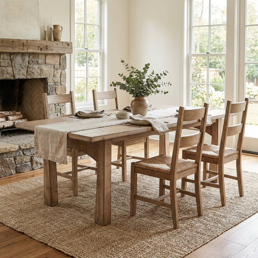Rustic dining area with wooden table, chairs, stone fireplace, and greenery centerpiece.