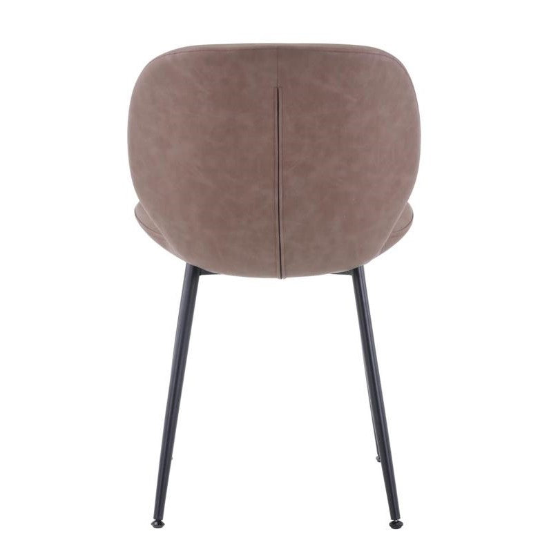 Brown upholstered chair with black metal legs from the back.