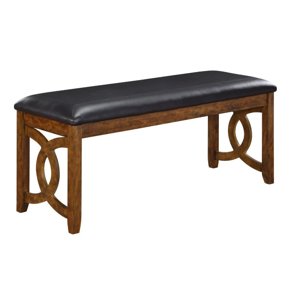Wooden bench with black cushion and decorative side panels.