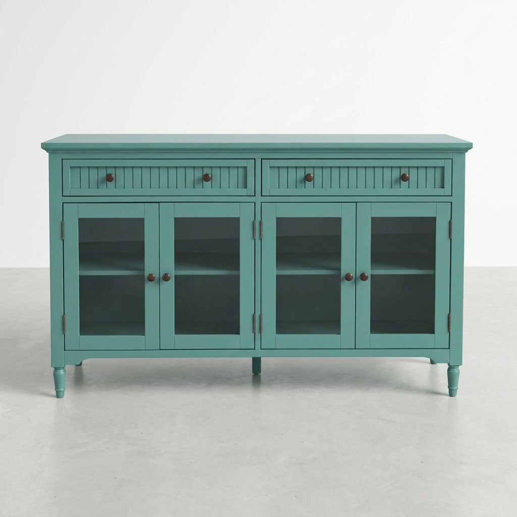 Teal sideboard with glass doors and dark knobs.