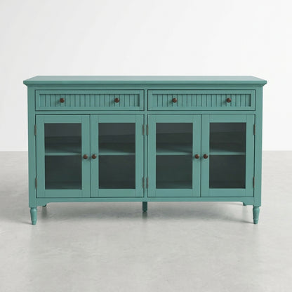 Teal sideboard with glass doors and dark knobs.