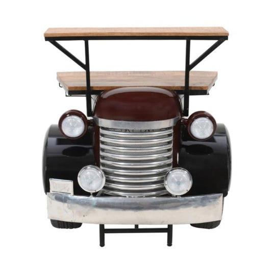 Vintage truck front converted into a bar table with shelves.