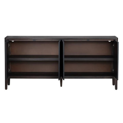 Open dark wood cabinet with shelves.