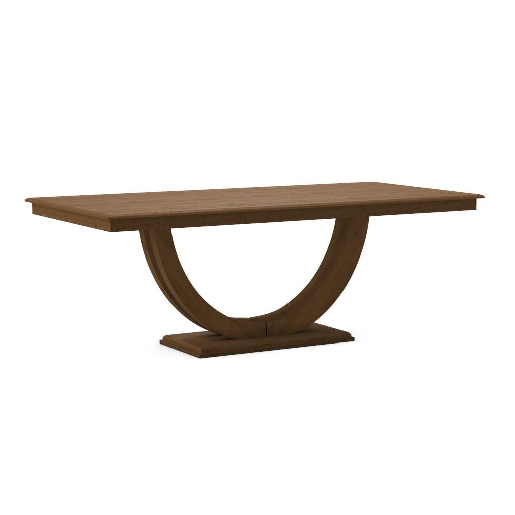 Wooden table with a curved U-shaped base.