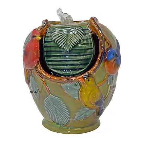 Colorful bird-themed ceramic vase with green leaf detail.