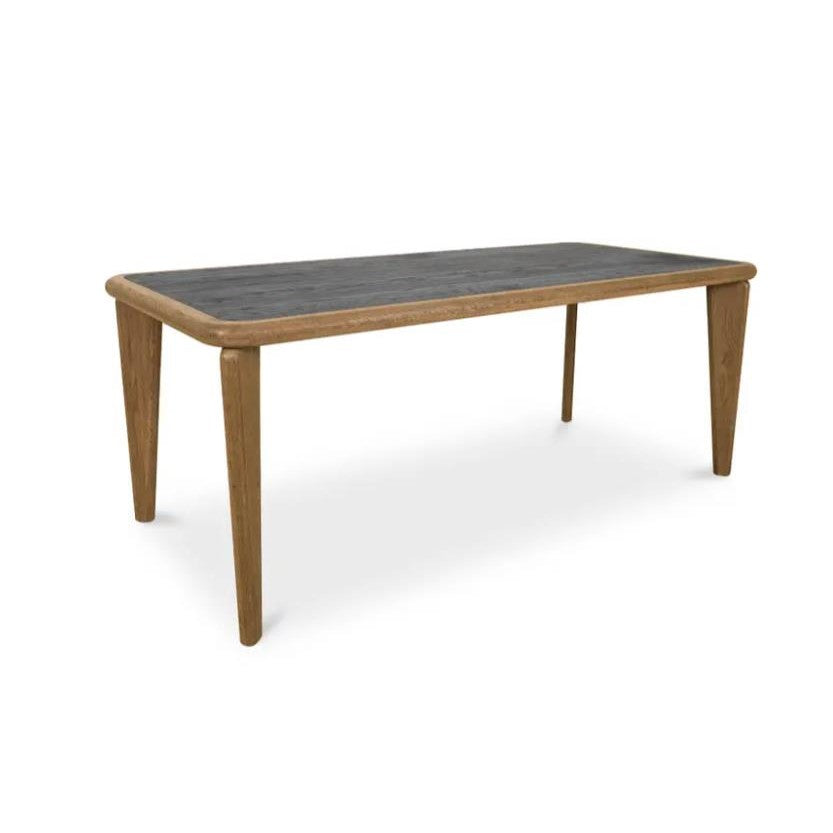 Wooden table with tapered legs and a dark tabletop.