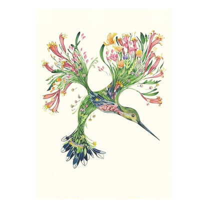 Illustrated hummingbird made of colorful flowers and greenery.