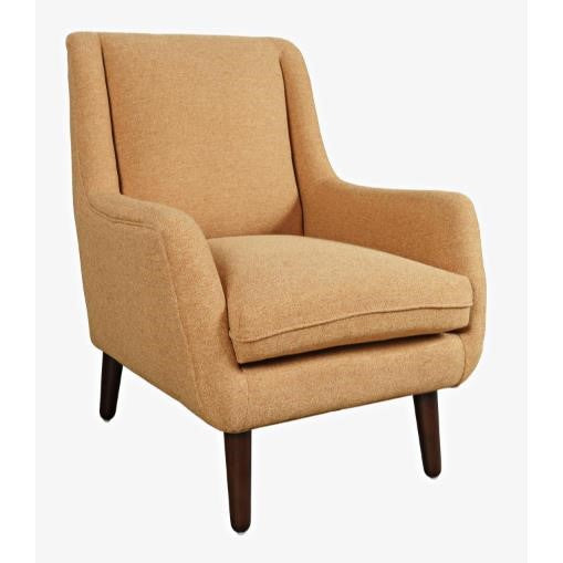 Tan fabric armchair with dark wooden legs.