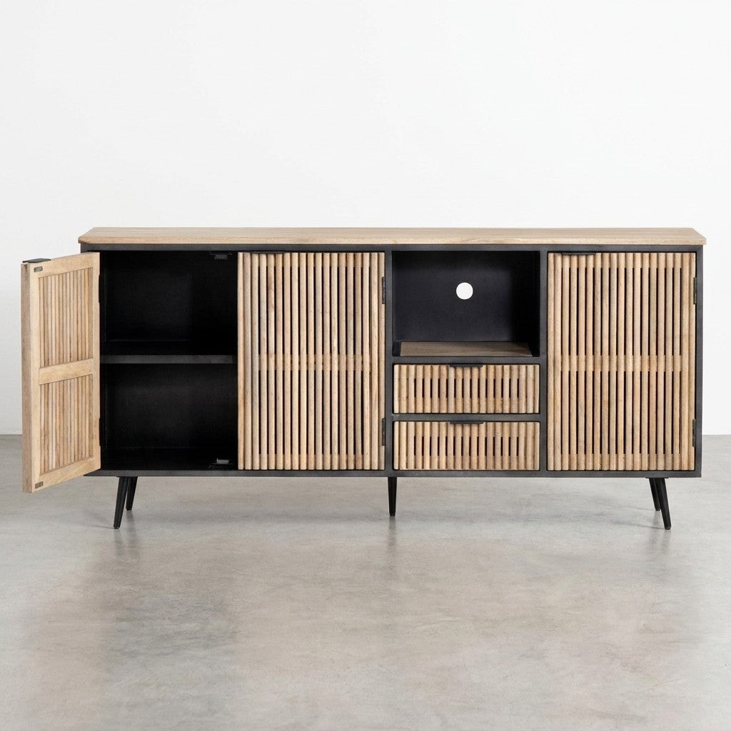 Wooden sideboard with open shelves and slatted doors.