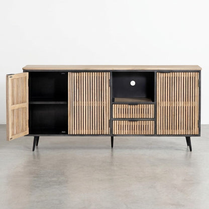 Wooden sideboard with open shelves and slatted doors.