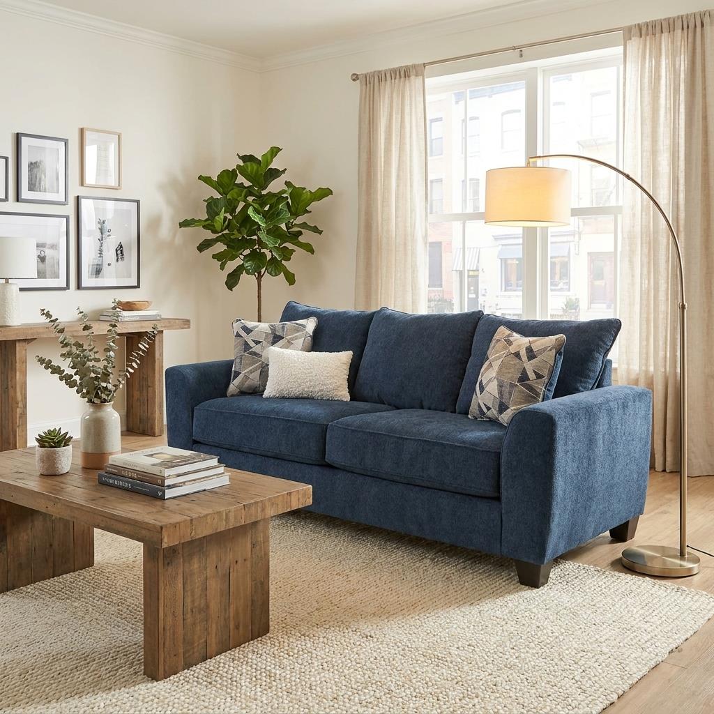 Cozy living room with blue sofa, wooden table, and soft lighting.