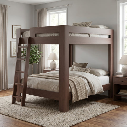 Modern bedroom with a wooden bunk bed and cozy decor.