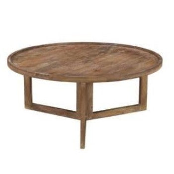 Round wooden coffee table with three legs.