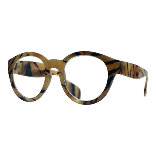 Round glasses with bold tortoiseshell pattern.