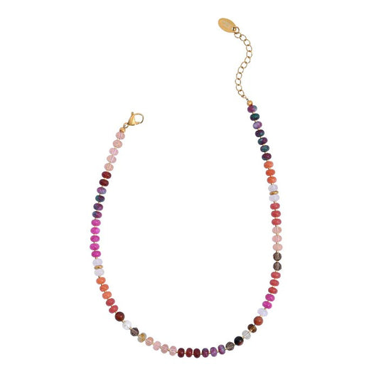 Colorful gemstone beaded necklace with gold clasp.