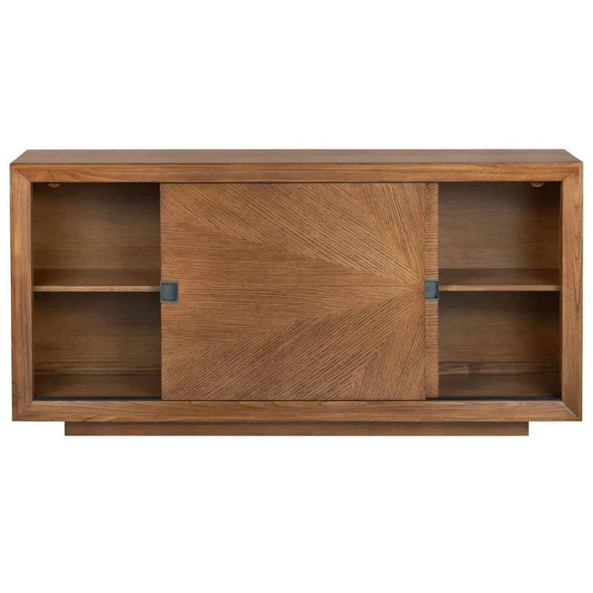 Wooden cabinet with sliding doors and shelves.