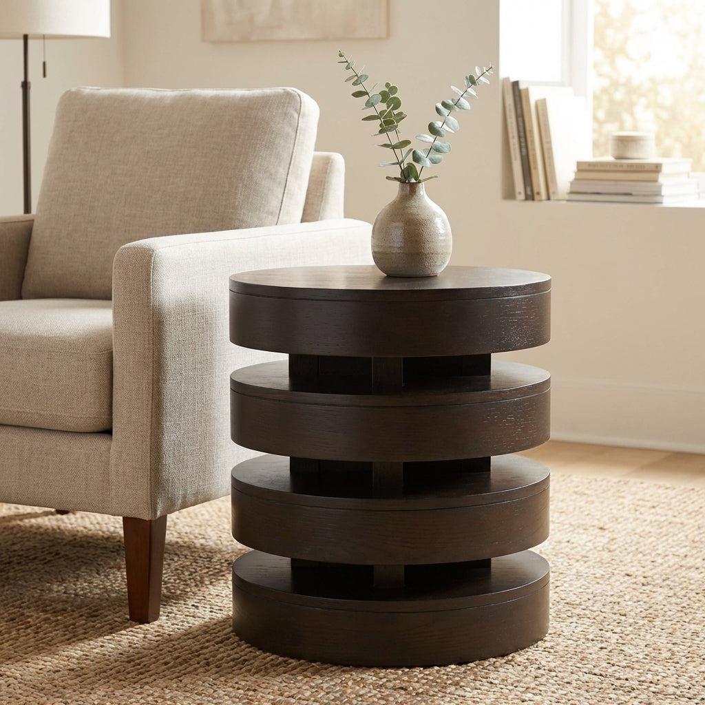 Dark wood stacked cylindrical table with modern design.