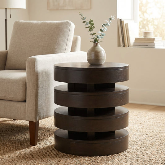Dark wood stacked cylindrical table with modern design.