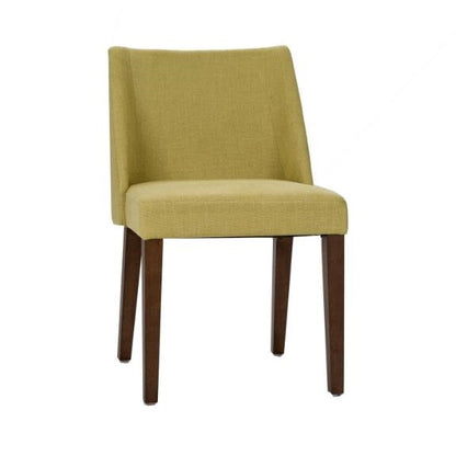 Olive green upholstered chair with wooden legs.