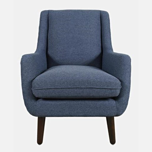 Blue fabric armchair with dark wooden legs.