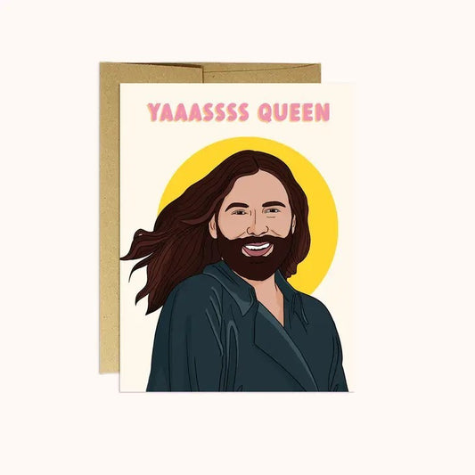 Illustration of a smiling person with "YAASSSS QUEEN" text, sun circle background.