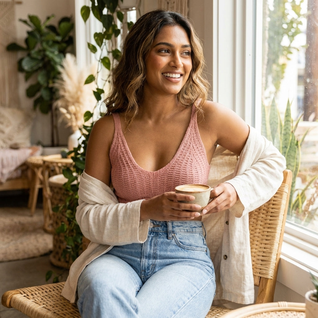 Woman in a cozy room holding a coffee cup, smiling by the window.