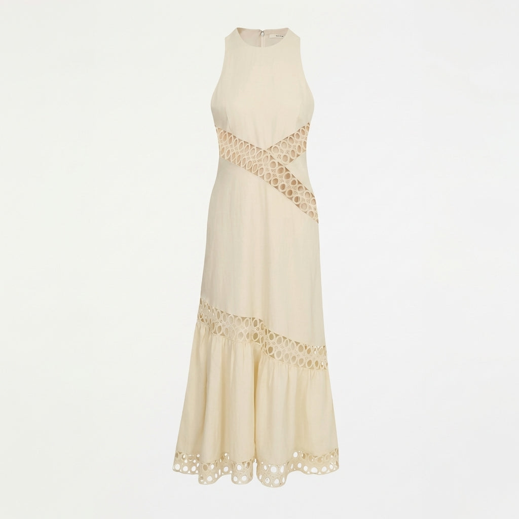 Cream dress with geometric lace cutouts and flared hem.