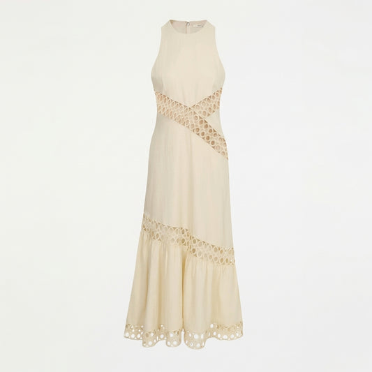 Cream dress with geometric lace cutouts and flared hem.