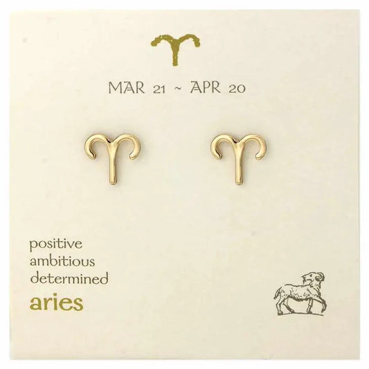 Aries-themed earring set with zodiac traits on a card.