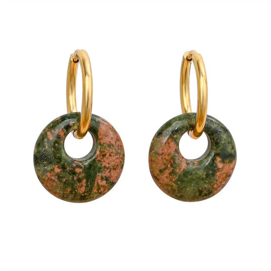 Gold hoop earrings with green and brown stone pendants.