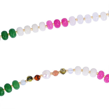Colorful beaded jewelry strands with varied gemstones on white background.