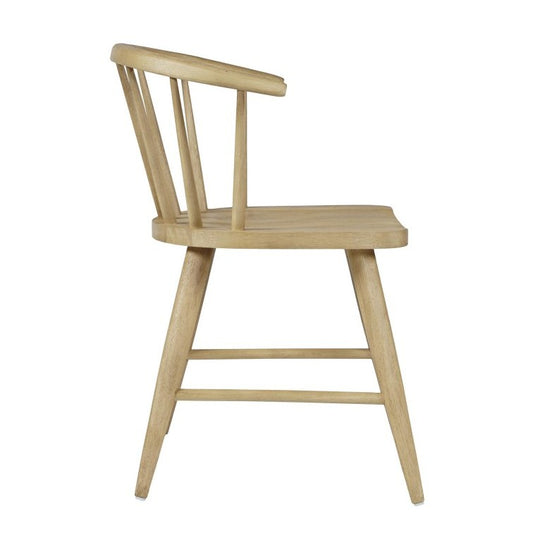 Side view of a wooden chair with a simple design.