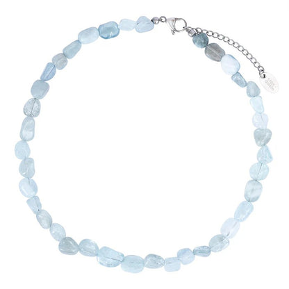 Light blue gemstone bead necklace with a clasp and chain extender.