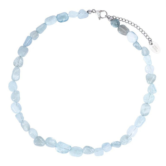 Light blue gemstone bead necklace with a clasp and chain extender.