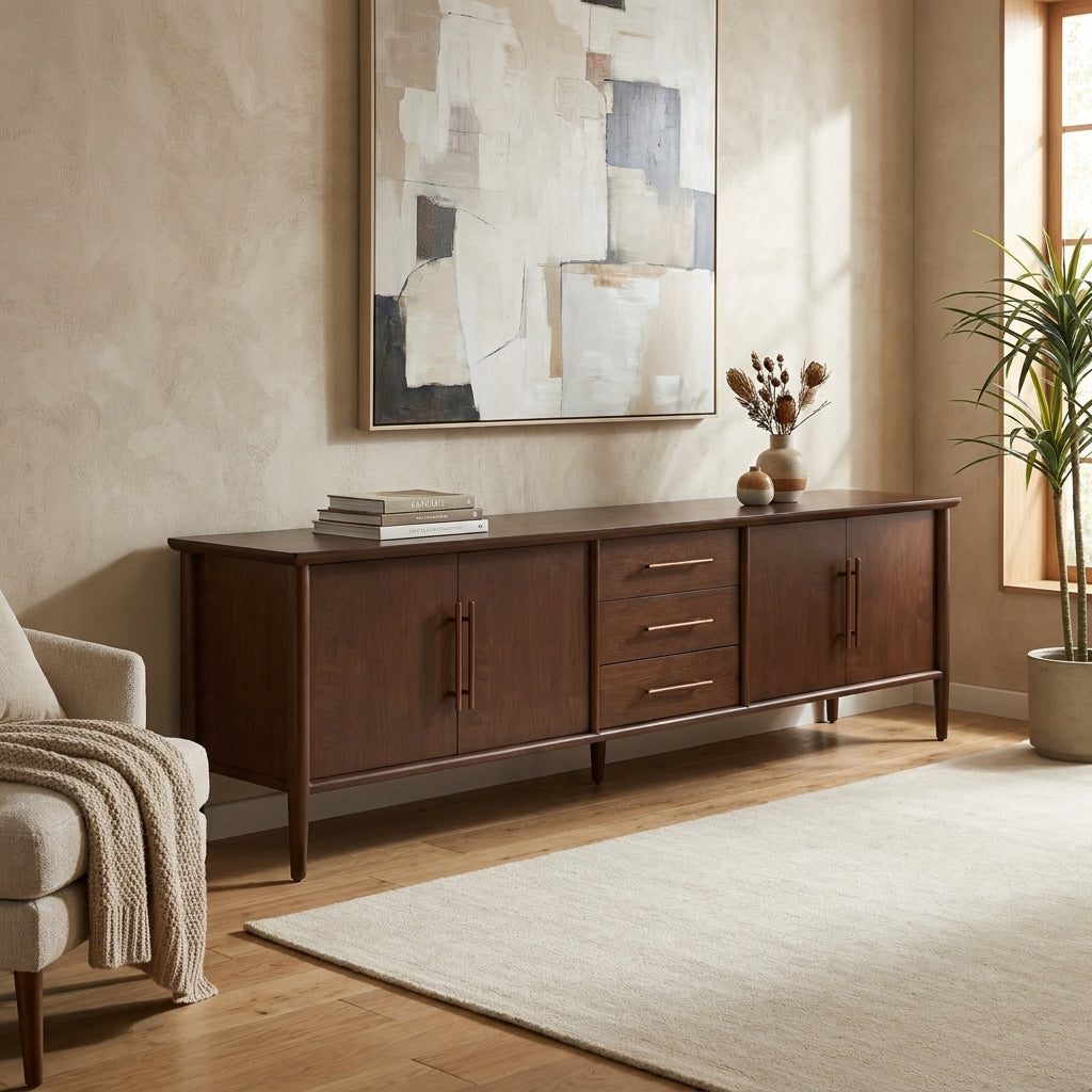 Minimalist living room with a wooden sideboard, abstract art, and potted plant.