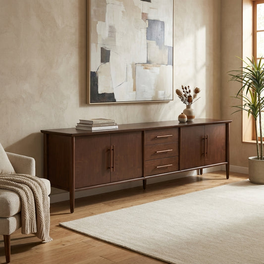 Minimalist living room with a wooden sideboard, abstract art, and potted plant.