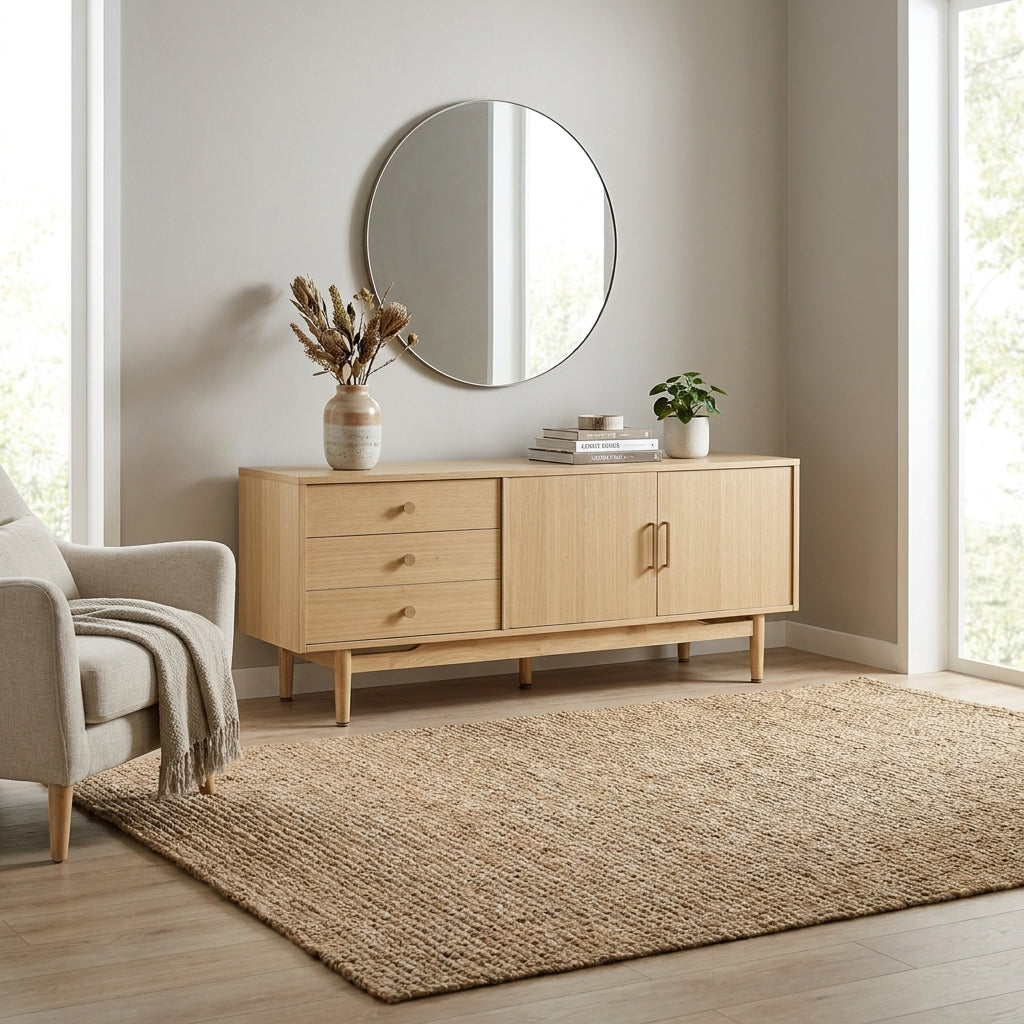 Light wood sideboard with three drawers and two doors.