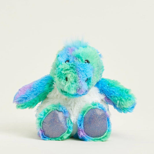 Cute, colorful stuffed dinosaur toy with green, blue, and purple fur.