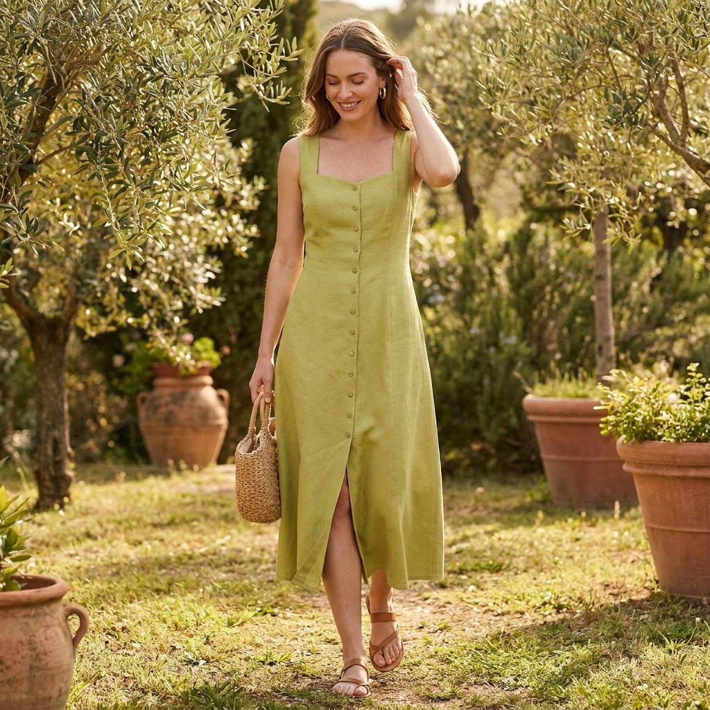 Woman in a green dress walking through a garden with a woven bag.