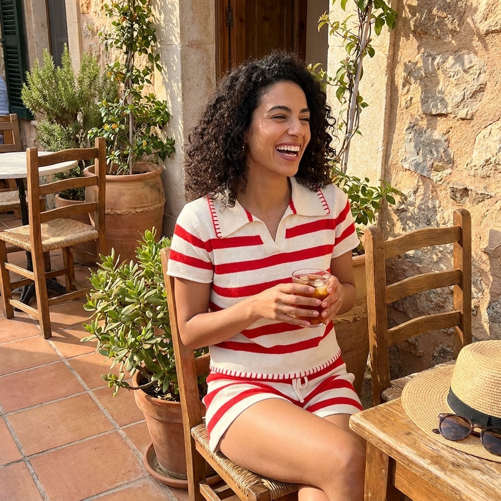 Woman in striped outfit, smiling and holding a drink on a sunny patio.