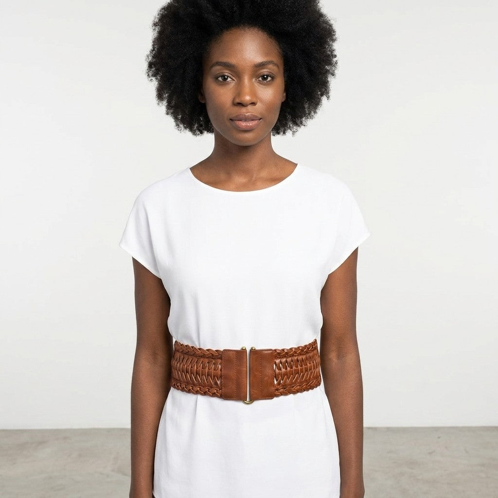 Woman in white dress with a wide brown belt, neutral background.