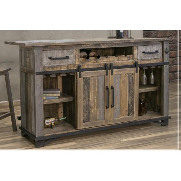 Rustic wooden sideboard with shelves and sliding barn-style doors.