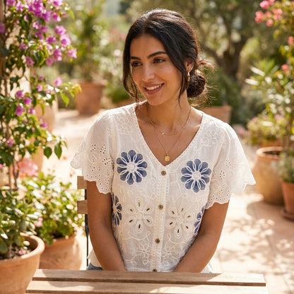 Woman smiling in a garden with colorful flowers and sunlight.