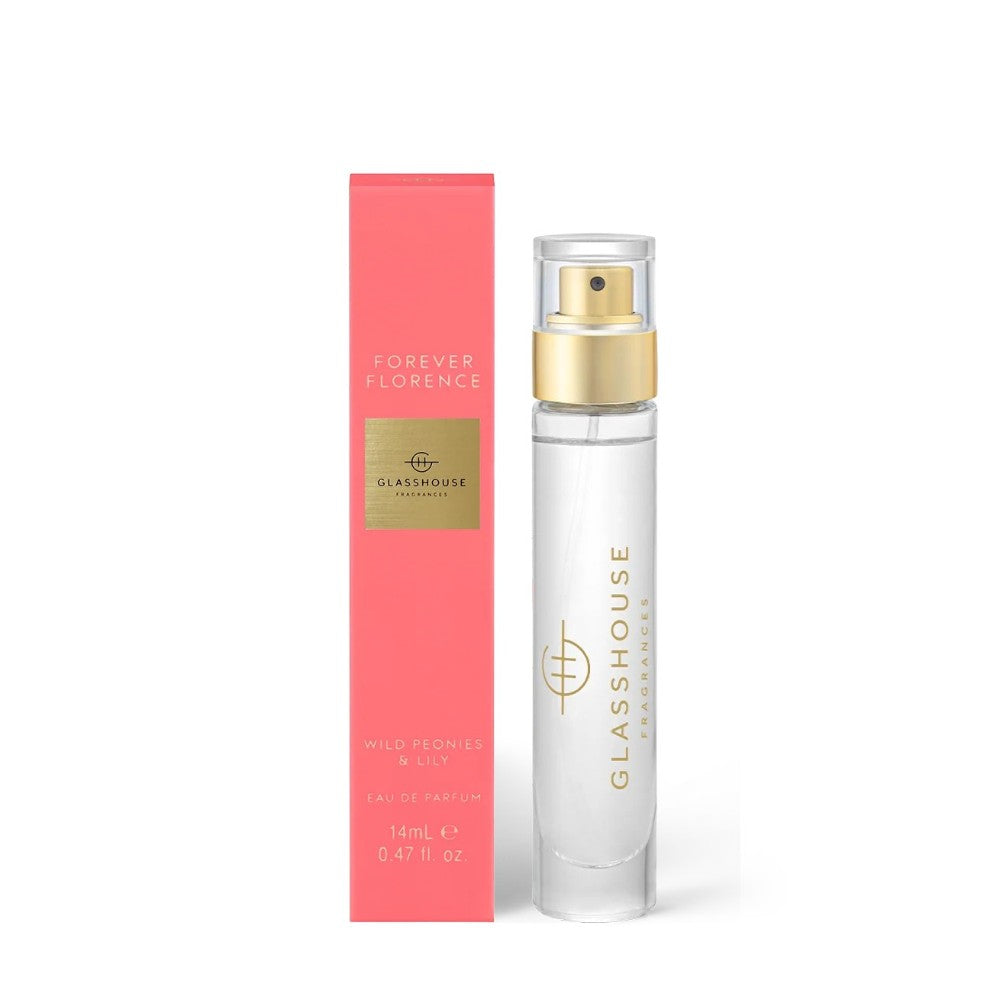 Glasshouse perfume "Forever Florence," pink box and transparent bottle with gold cap.