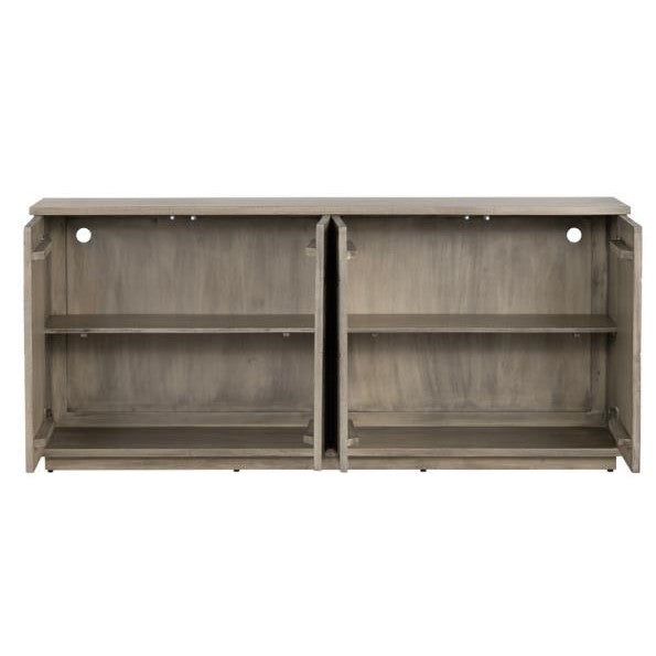 Wooden cabinet with shelves and cable cutouts, viewed from the back.